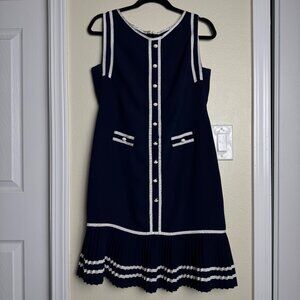 VTG Sonia K Navy & White Sleeveless Dress w/ Pleated Hem Button Front Sz M